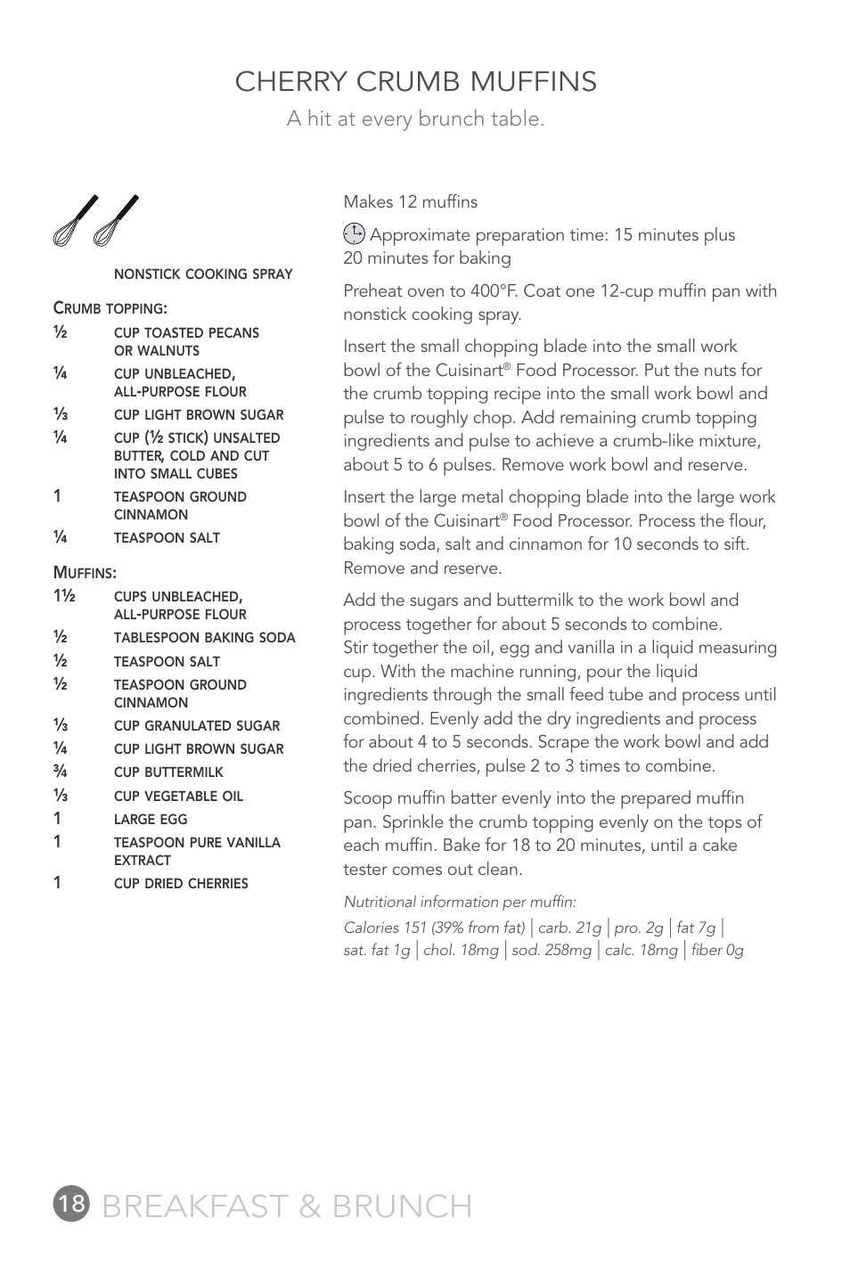 Breakfast & brunch, Cherry crumb muffins, A hit at every brunch table | Cuisinart FP-12DC User Manual | Page 18 / 68