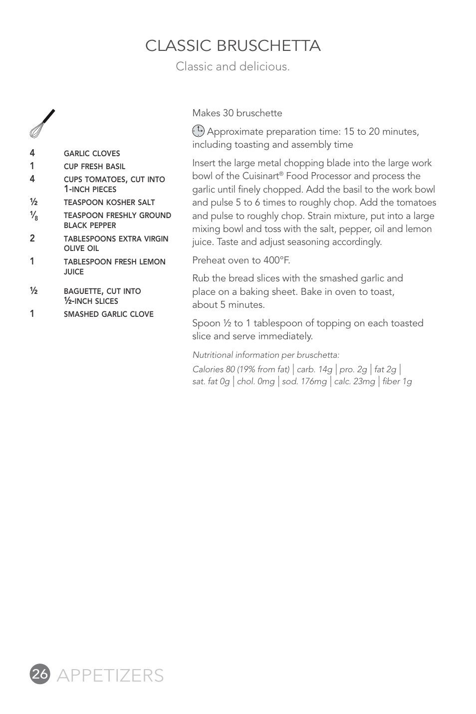Appetizers, Classic bruschetta, Classic and delicious | Cuisinart FP-12DC User Manual | Page 26 / 68