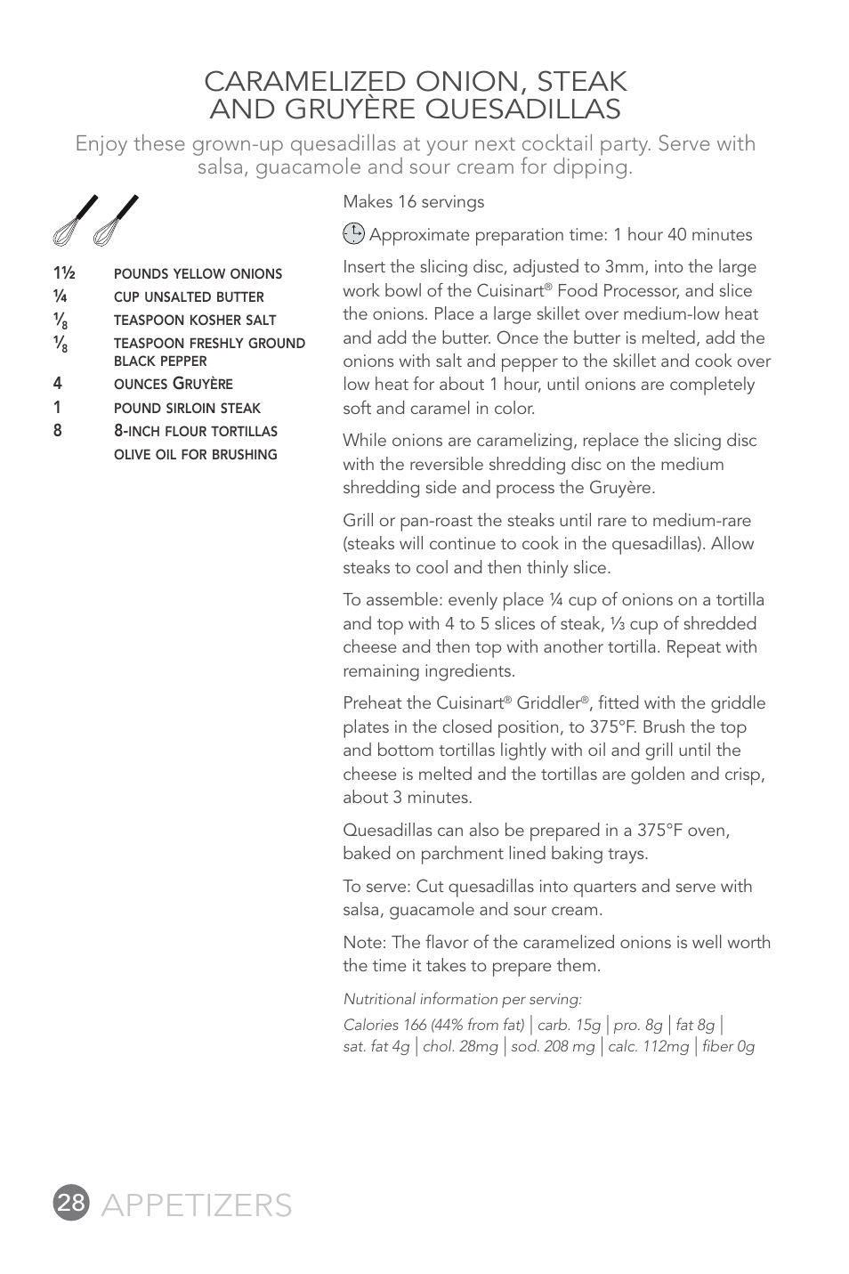 Appetizers, Caramelized onion, steak and gruyère quesadillas | Cuisinart FP-12DC User Manual | Page 28 / 68