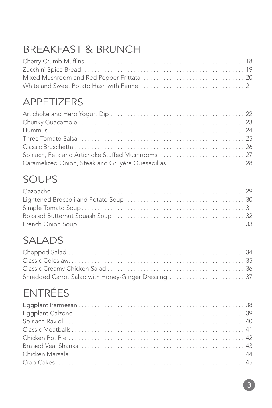 Breakfast & brunch, Appetizers, Soups | Salads, Entrées | Cuisinart FP-12DC User Manual | Page 3 / 68