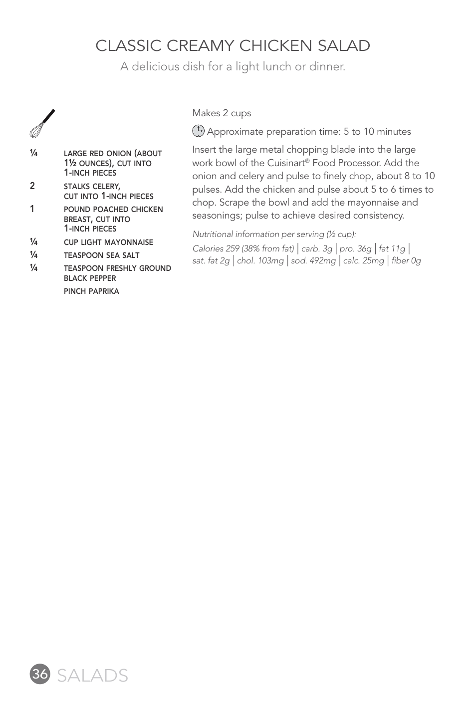 Salads, Classic creamy chicken salad, A delicious dish for a light lunch or dinner | Cuisinart FP-12DC User Manual | Page 36 / 68