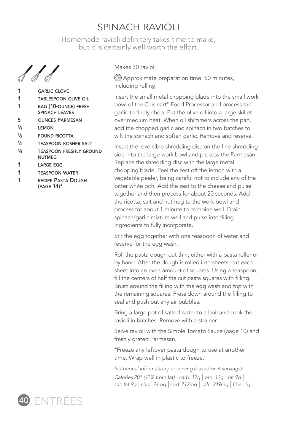 Entrées, Spinach ravioli | Cuisinart FP-12DC User Manual | Page 40 / 68
