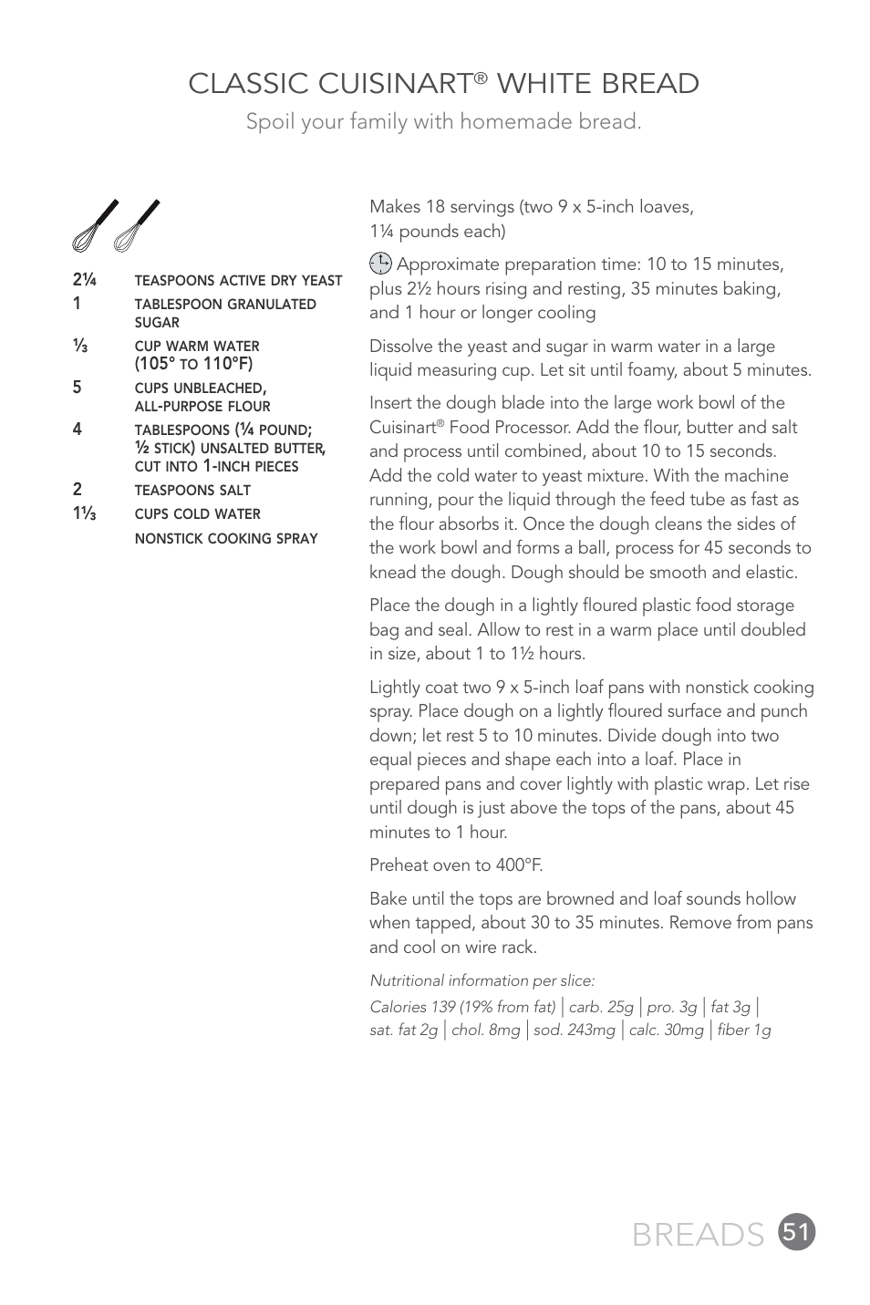 Breads, Classic cuisinart, White bread | Spoil your family with homemade bread | Cuisinart FP-12DC User Manual | Page 51 / 68