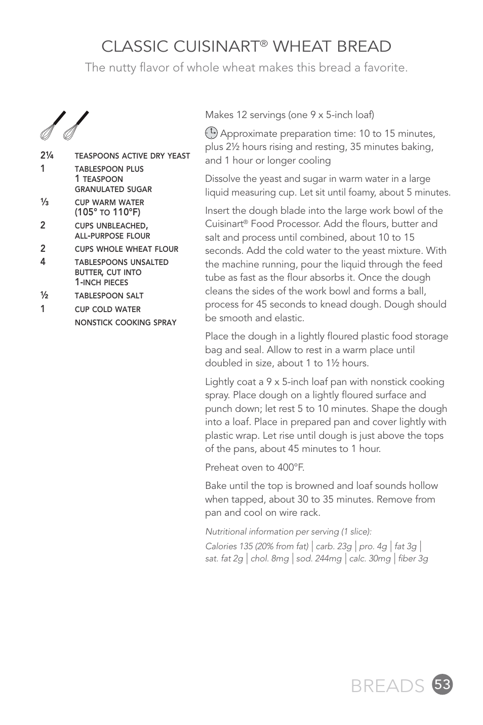 Breads, Classic cuisinart, Wheat bread | Cuisinart FP-12DC User Manual | Page 53 / 68
