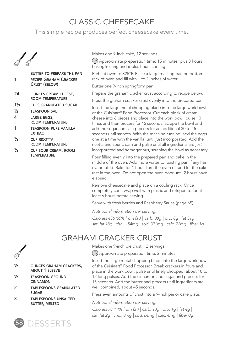 Desserts, Classic cheesecake graham cracker crust | Cuisinart FP-12DC User Manual | Page 58 / 68