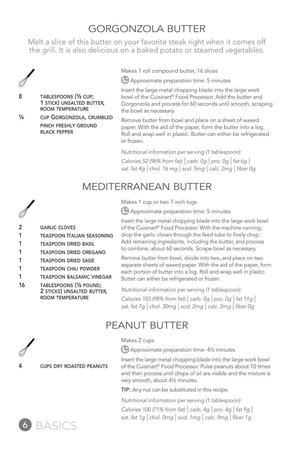 Basics, Gorgonzola butter, Mediterranean butter | Peanut butter | Cuisinart FP-12DC User Manual | Page 6 / 68