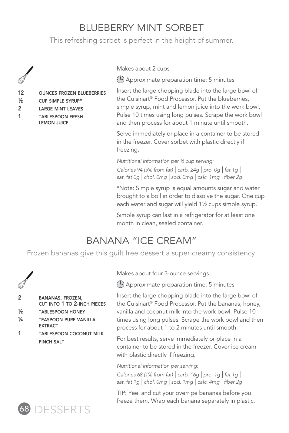 Desserts, Blueberry mint sorbet, Banana “ice cream | Cuisinart FP-12DC User Manual | Page 68 / 68