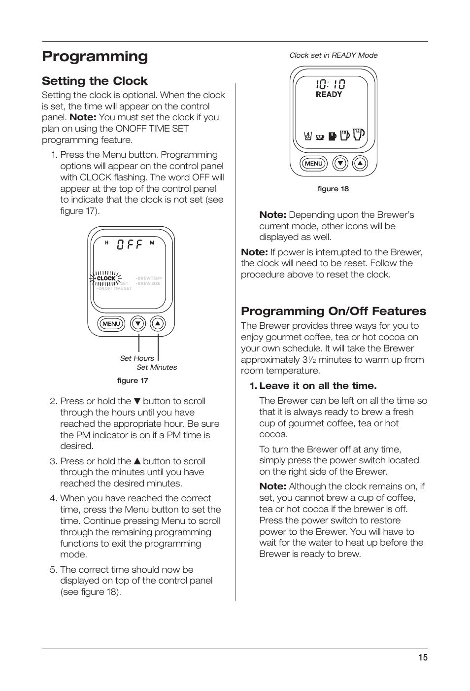 Programming, Setting the clock, Programming on/off features | Keurig Cuisinart SS-700 User Manual | Page 15 / 25