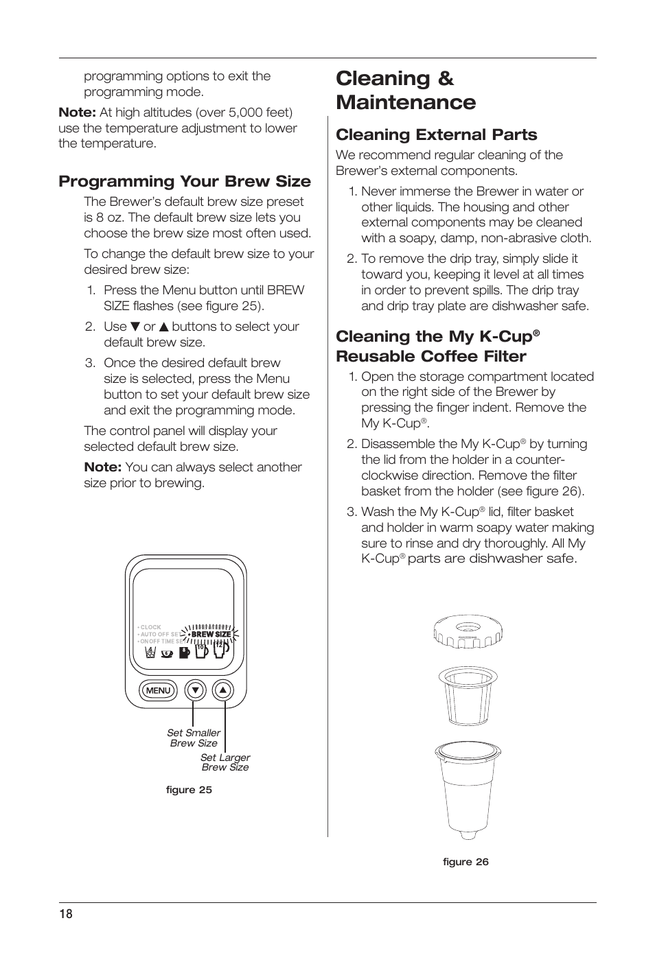 Cleaning & maintenance, Programming your brew size, Cleaning external parts | Cleaning the my k-cup, Reusable coffee filter | Keurig Cuisinart SS-700 User Manual | Page 18 / 25