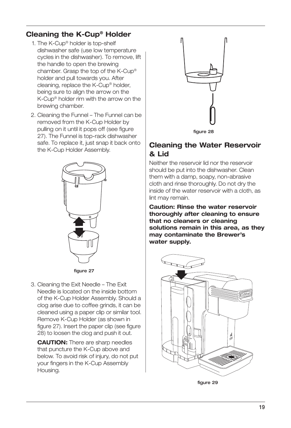 Cleaning the k-cup, Holder, Cleaning the water reservoir & lid | Keurig Cuisinart SS-700 User Manual | Page 19 / 25