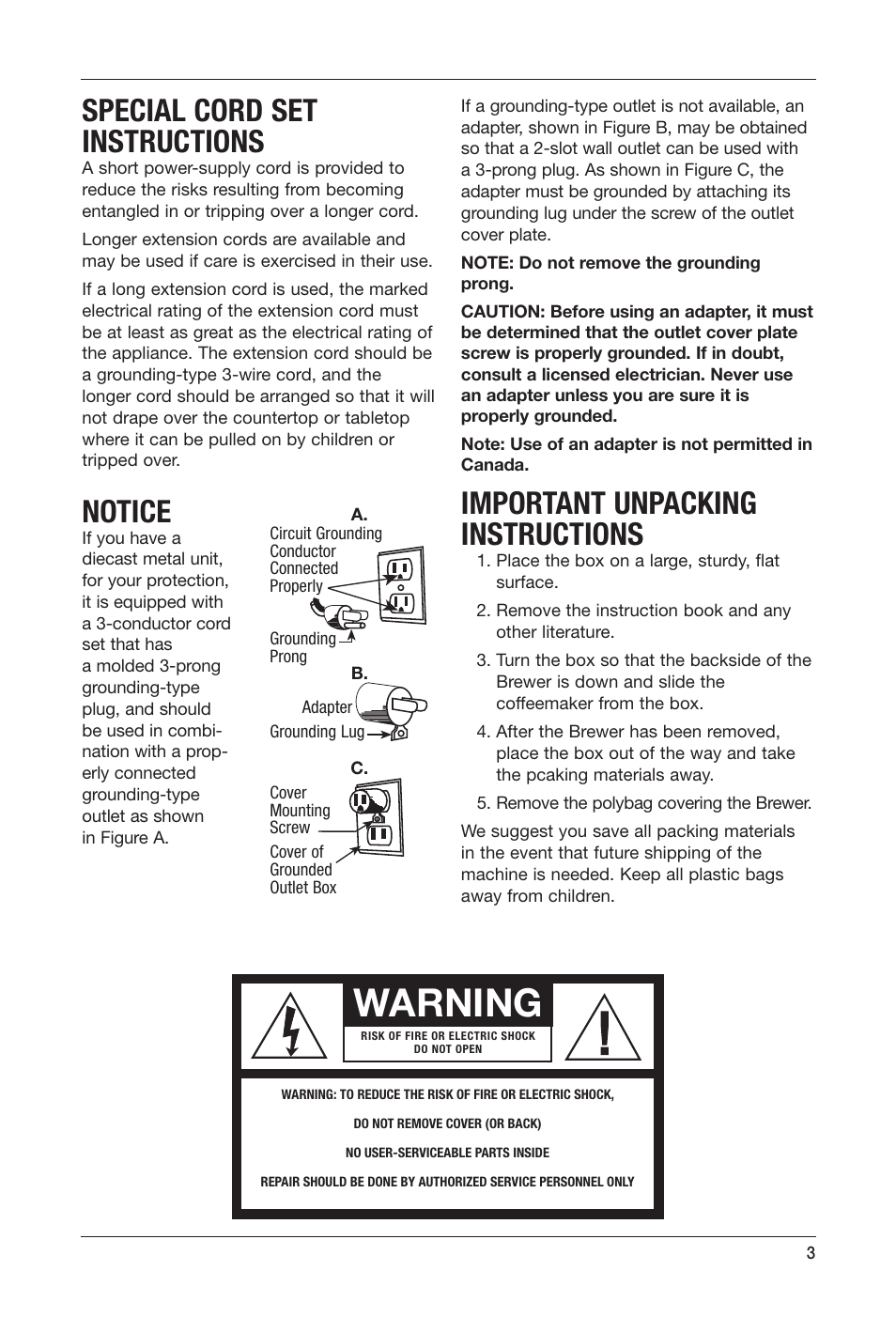 Warning, Special cord set instructions, Notice | Important unpacking instructions | Keurig Cuisinart SS-700 User Manual | Page 3 / 25