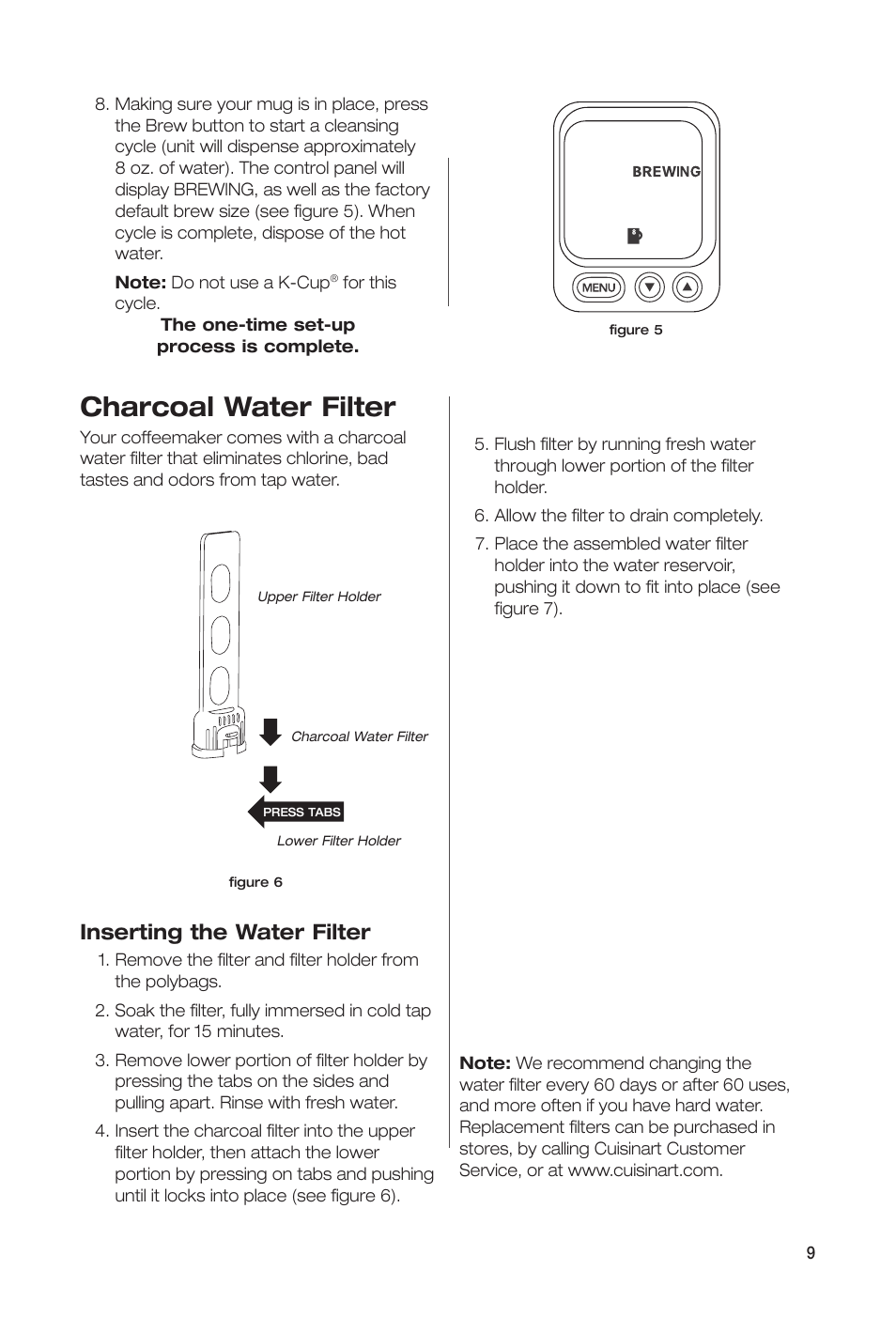 Charcoal water filter, Inserting the water filter | Keurig Cuisinart SS-700 User Manual | Page 9 / 25