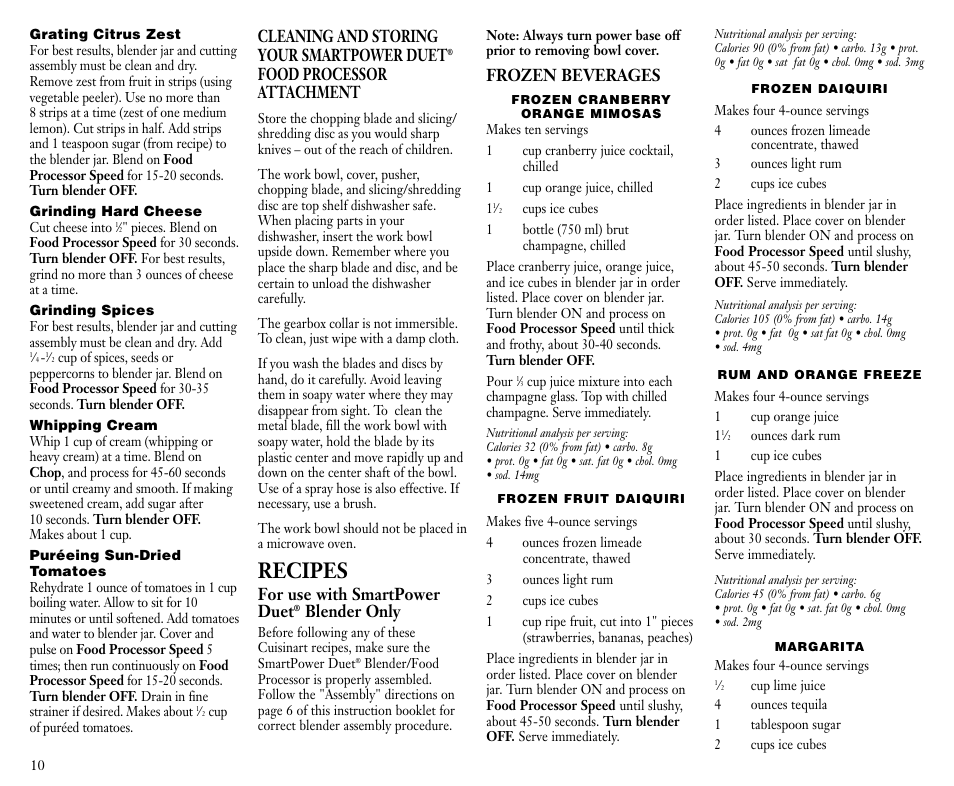 Recipes, Cleaning and storing your smartpower duet, Food processor attachment | For use with smartpower duet, Blender only, Frozen beverages | Cuisinart FPB-5 User Manual | Page 11 / 25