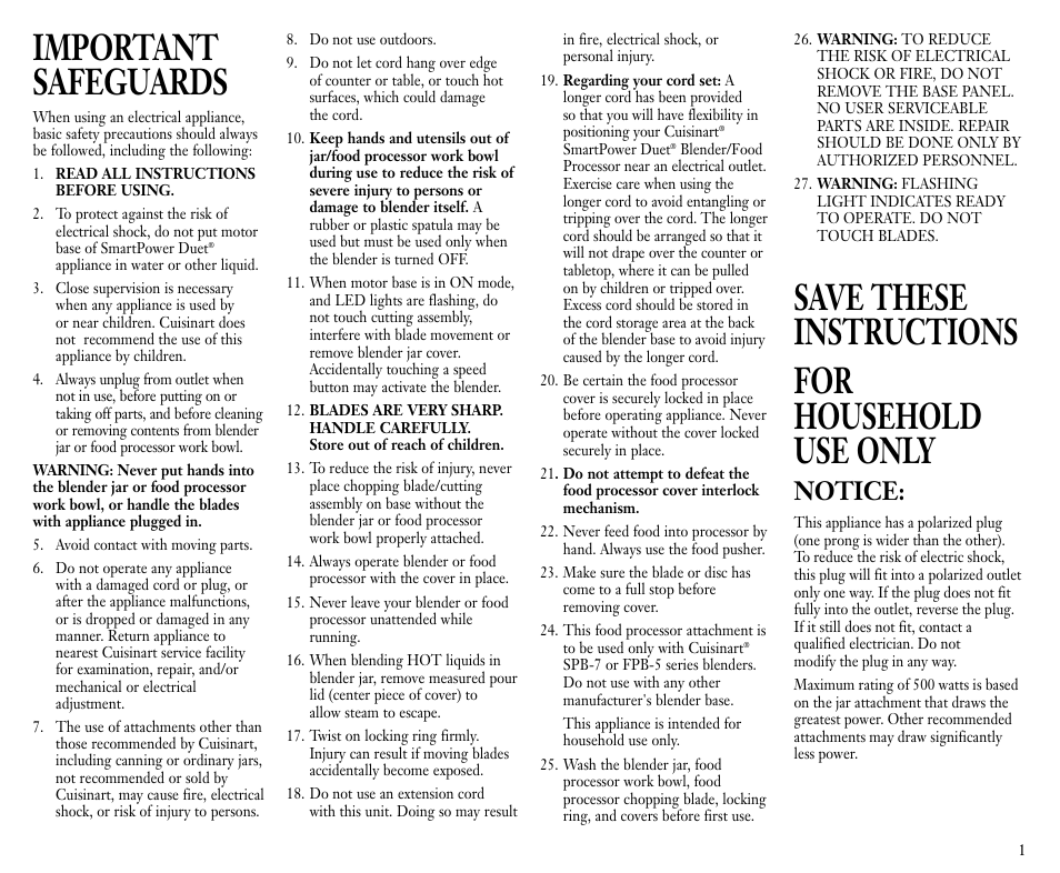 Important safeguards, Save these instructions for household use only, Notice | Cuisinart FPB-5 User Manual | Page 2 / 25
