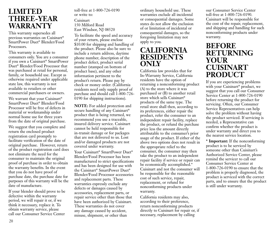 Limited three-year warranty, California residents only, Before returning your cuisinart product | Cuisinart FPB-5 User Manual | Page 21 / 25