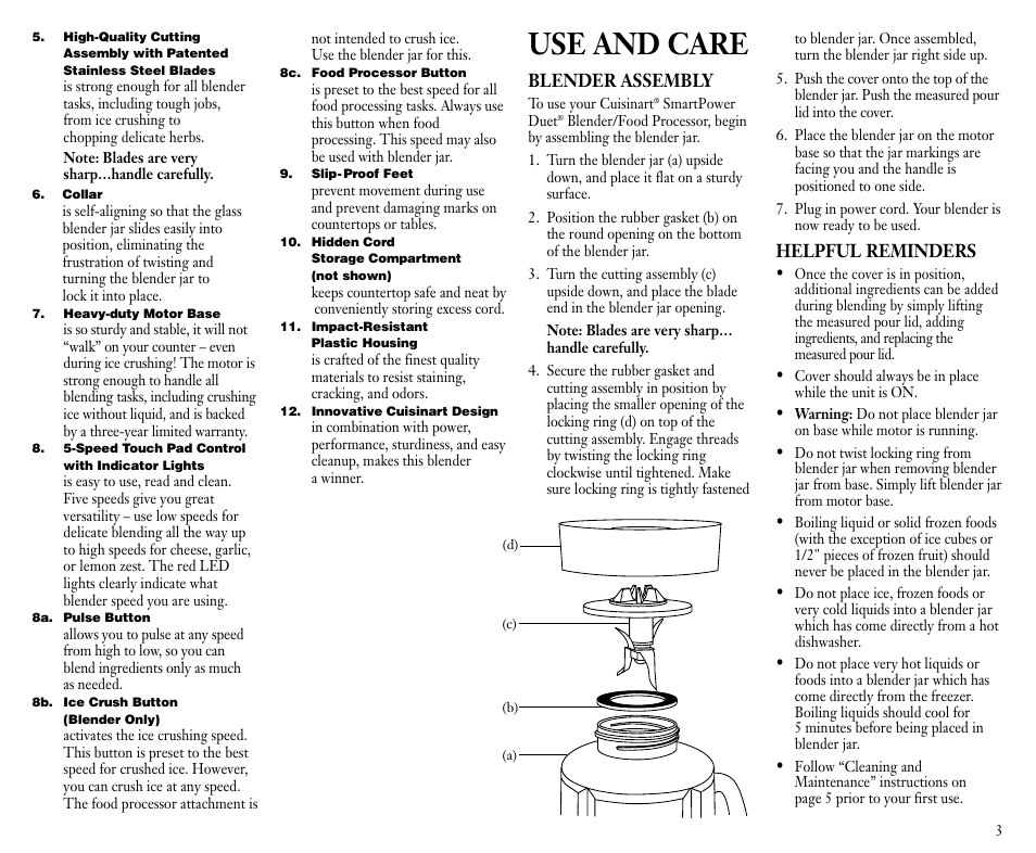 Use and care, Blender assembly, Helpful reminders | Cuisinart FPB-5 User Manual | Page 4 / 25