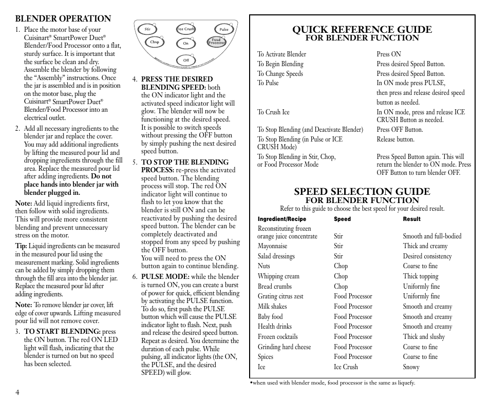 Quick reference guide, Speed selection guide | Cuisinart FPB-5 User Manual | Page 5 / 25