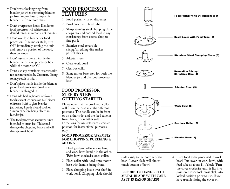 Food processor features, Food processor step by step: getting started | Cuisinart FPB-5 User Manual | Page 7 / 25