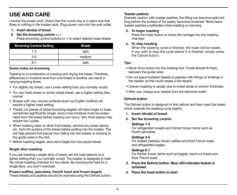 Use and care | Cuisinart Motorized Metal 4-slice Toaster CPT-440 User Manual | Page 4 / 8