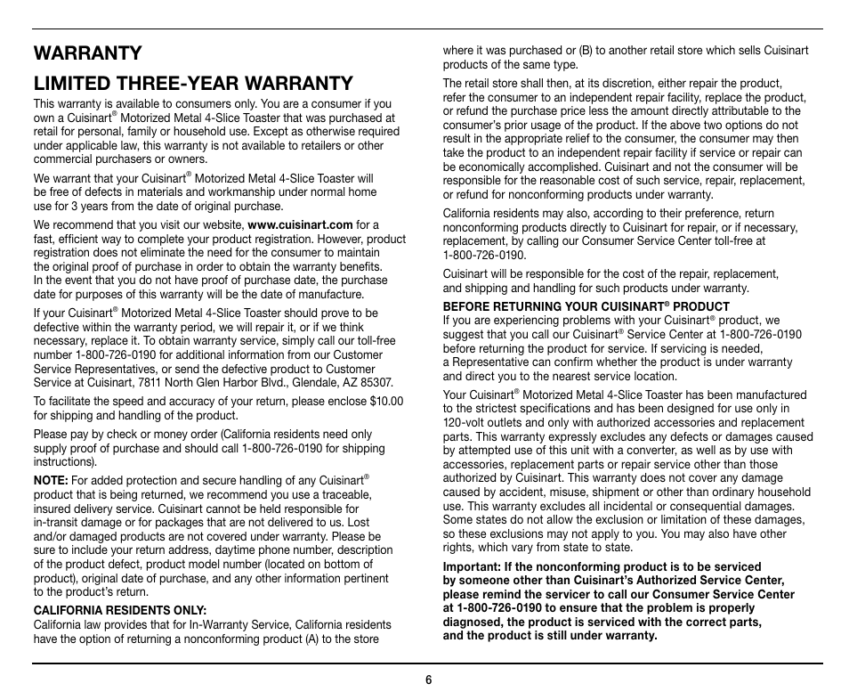 Warranty limited three-year warranty | Cuisinart Motorized Metal 4-slice Toaster CPT-440 User Manual | Page 6 / 8