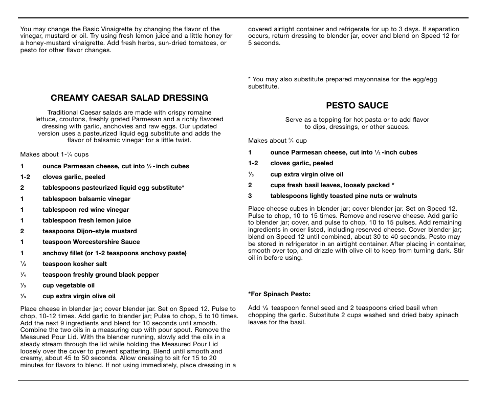 Creamy caesar salad dressing, Pesto sauce | Cuisinart CB-18BKSS User Manual | Page 17 / 24