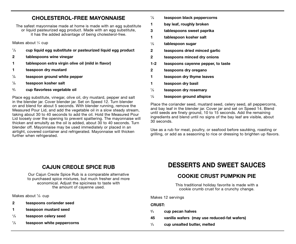 Desserts and sweet sauces, Cholesterol-free mayonnaise, Cajun creole spice rub | Cookie crust pumpkin pie | Cuisinart CB-18BKSS User Manual | Page 18 / 24