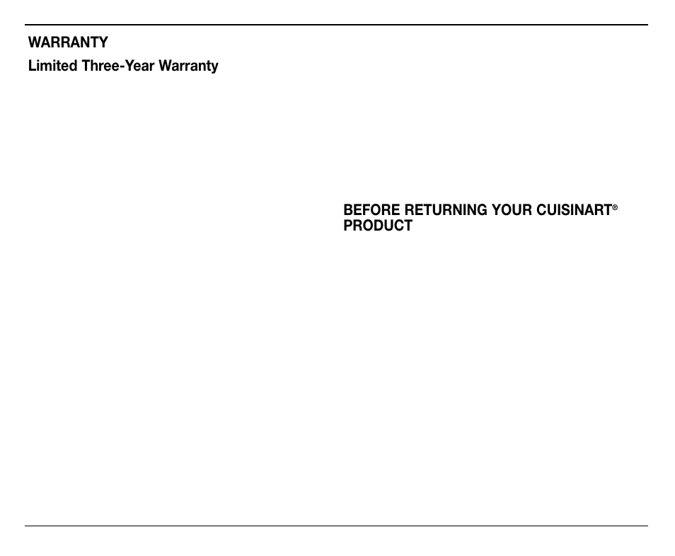 Warranty limited three-year warranty, Before returning your cuisinart, Product | Cuisinart CB-18BKSS User Manual | Page 21 / 24