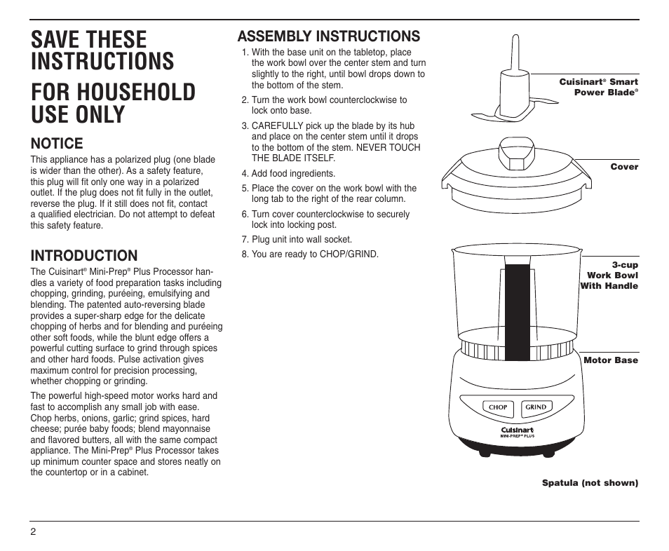 Save these instructions for household use only, Notice, Introduction | Assembly instructions | Cuisinart DLC-2A User Manual | Page 3 / 14