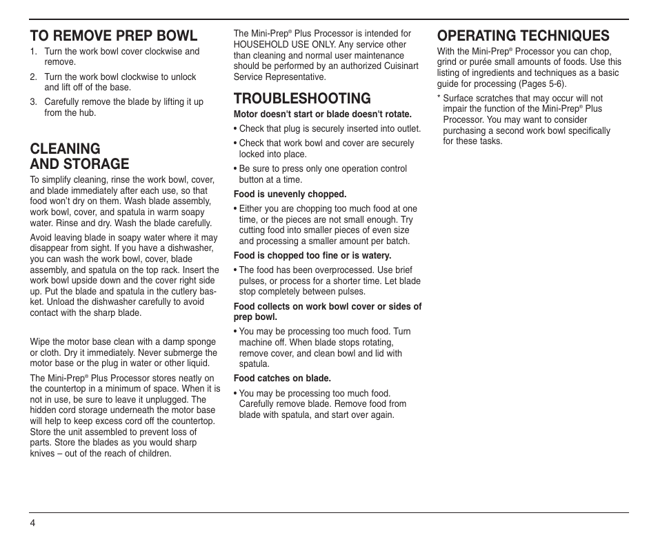 Cleaning and storage, Troubleshooting, Operating techniques | Cuisinart DLC-2A User Manual | Page 5 / 14