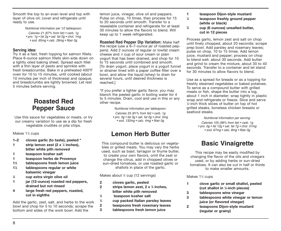 Roasted red pepper sauce, Lemon herb butter, Basic vinaigrette | Cuisinart DLC-2A User Manual | Page 9 / 14