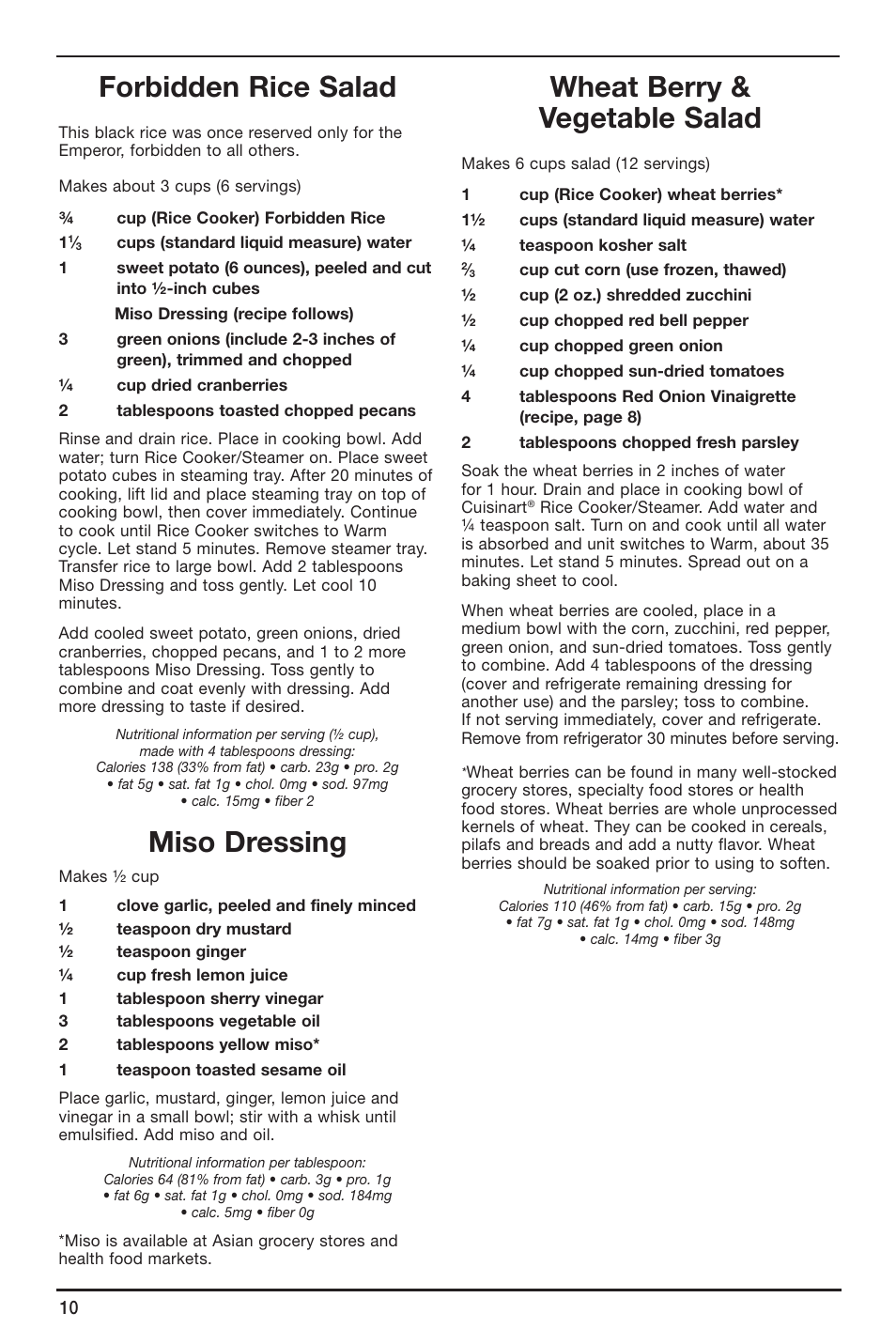 Forbidden rice salad, Miso dressing, Wheat berry & vegetable salad | Cuisinart CRC-400 User Manual | Page 10 / 21