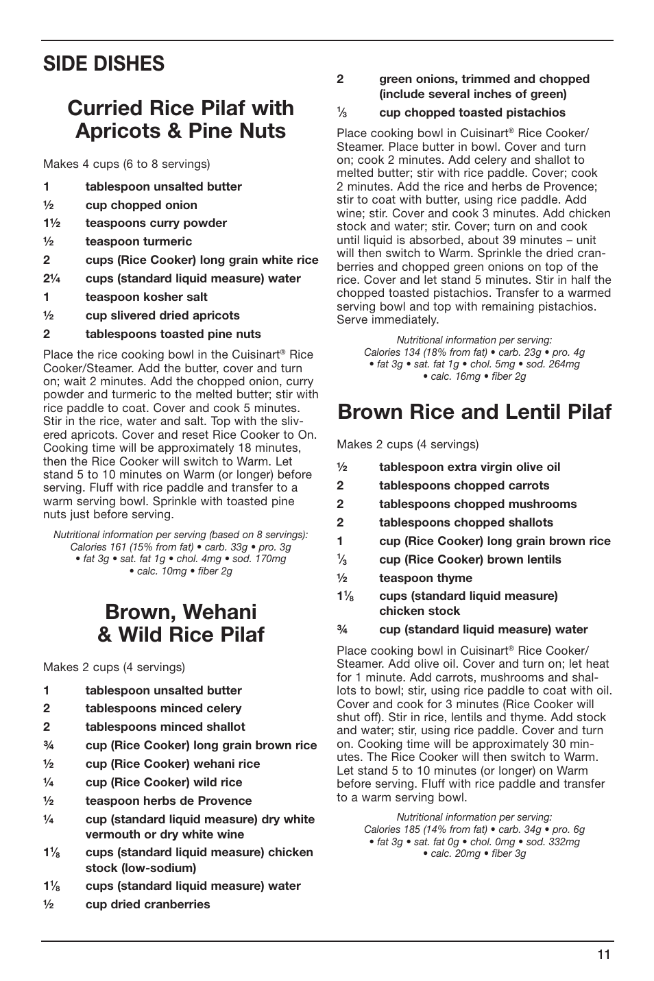 Brown, wehani & wild rice pilaf, Brown rice and lentil pilaf | Cuisinart CRC-400 User Manual | Page 11 / 21