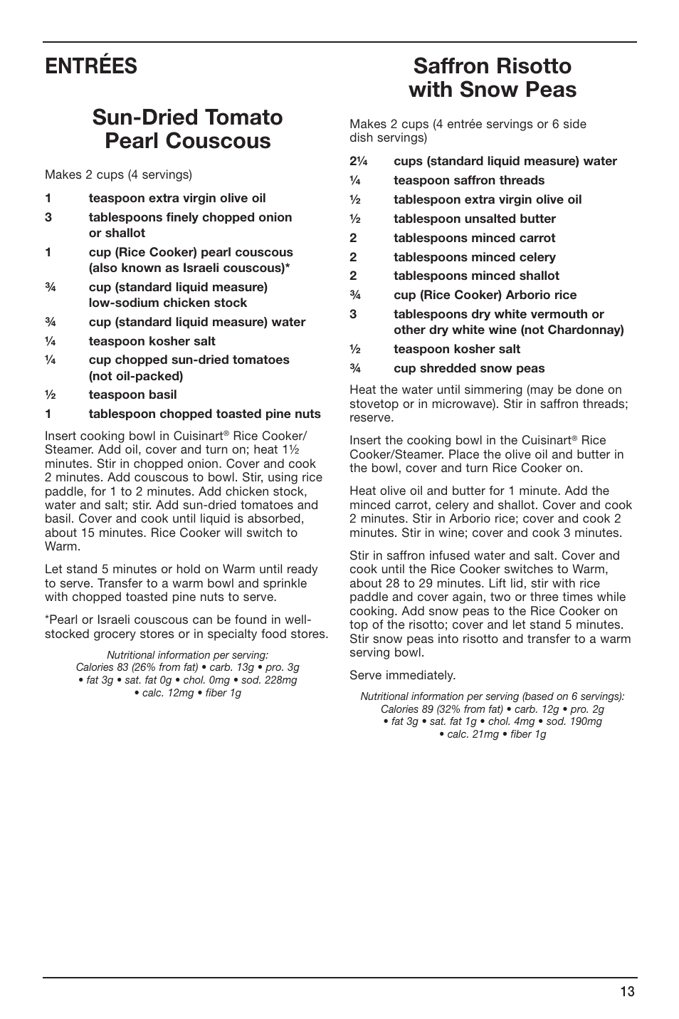 Entrées sun-dried tomato pearl couscous, Saffron risotto with snow peas | Cuisinart CRC-400 User Manual | Page 13 / 21