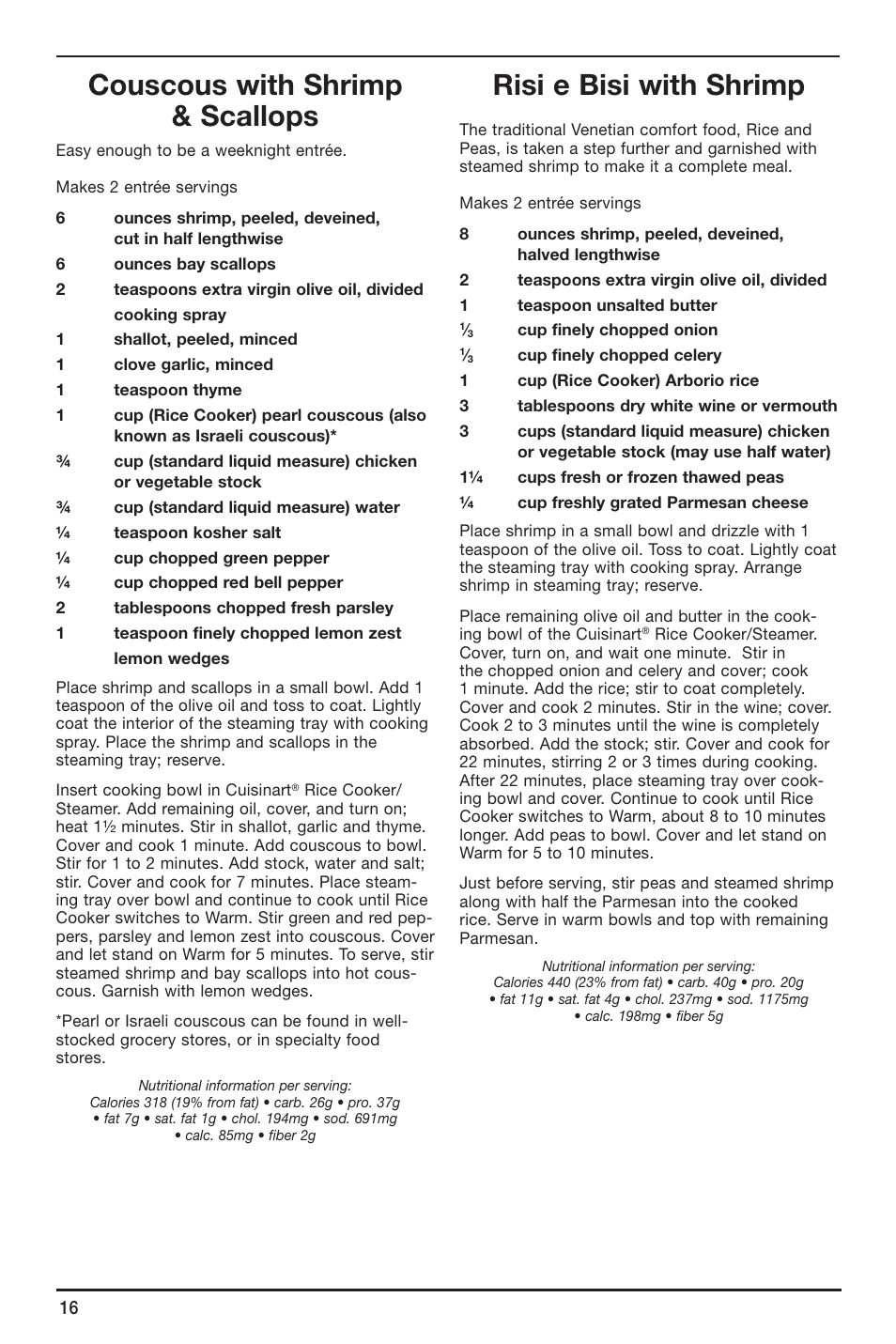 Couscous with shrimp & scallops, Risi e bisi with shrimp | Cuisinart CRC-400 User Manual | Page 16 / 21