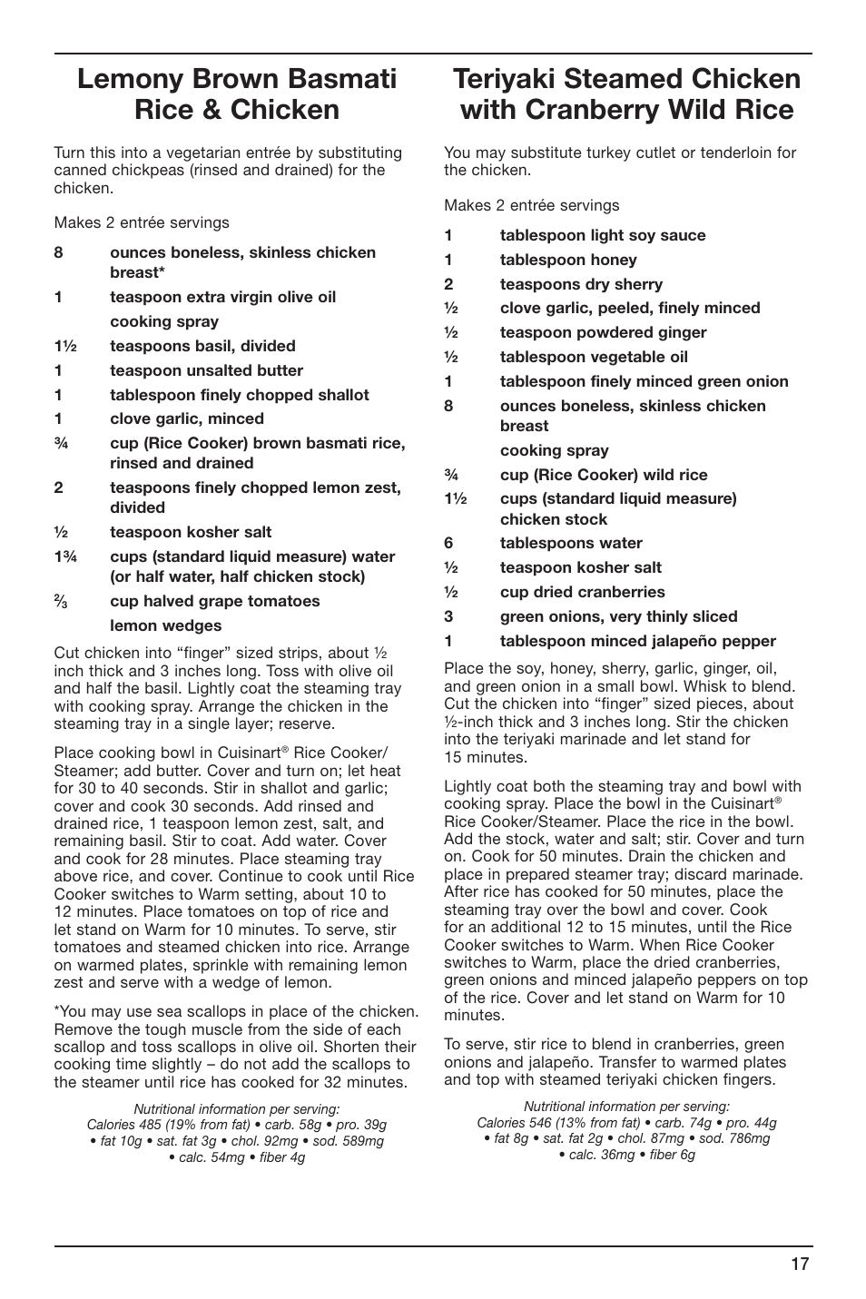 Lemony brown basmati rice & chicken, Teriyaki steamed chicken with cranberry wild rice | Cuisinart CRC-400 User Manual | Page 17 / 21