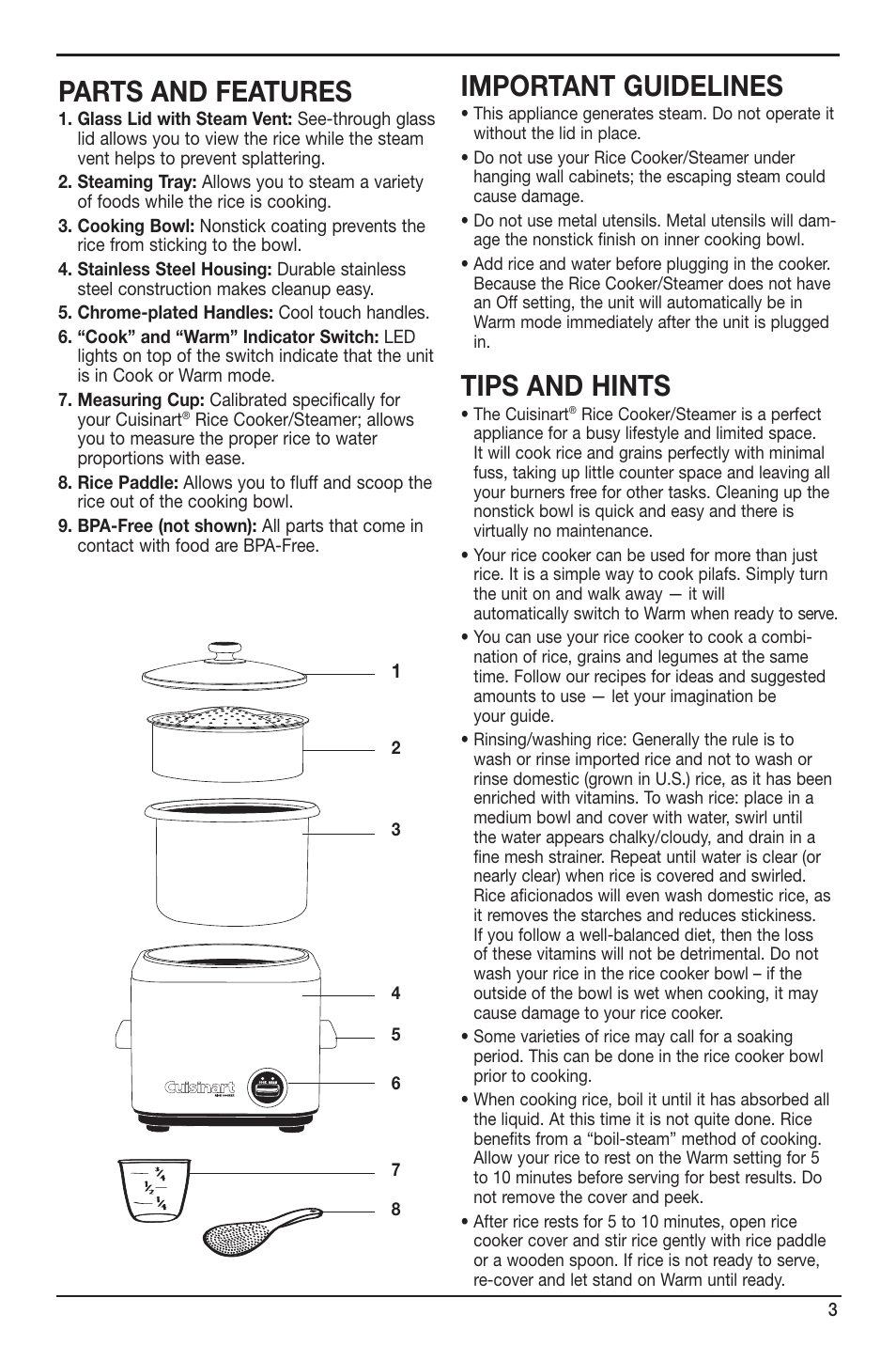 Parts and features, Important guidelines, Tips and hints | Cuisinart CRC-400 User Manual | Page 3 / 21