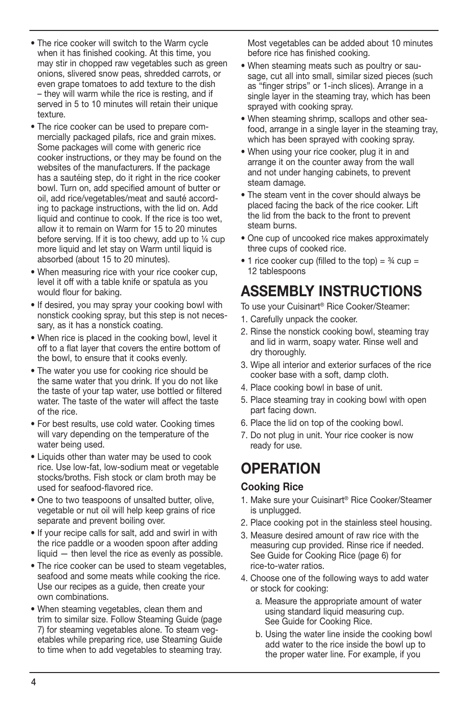 Assembly instructions, Operation, Cooking rice | Cuisinart CRC-400 User Manual | Page 4 / 21