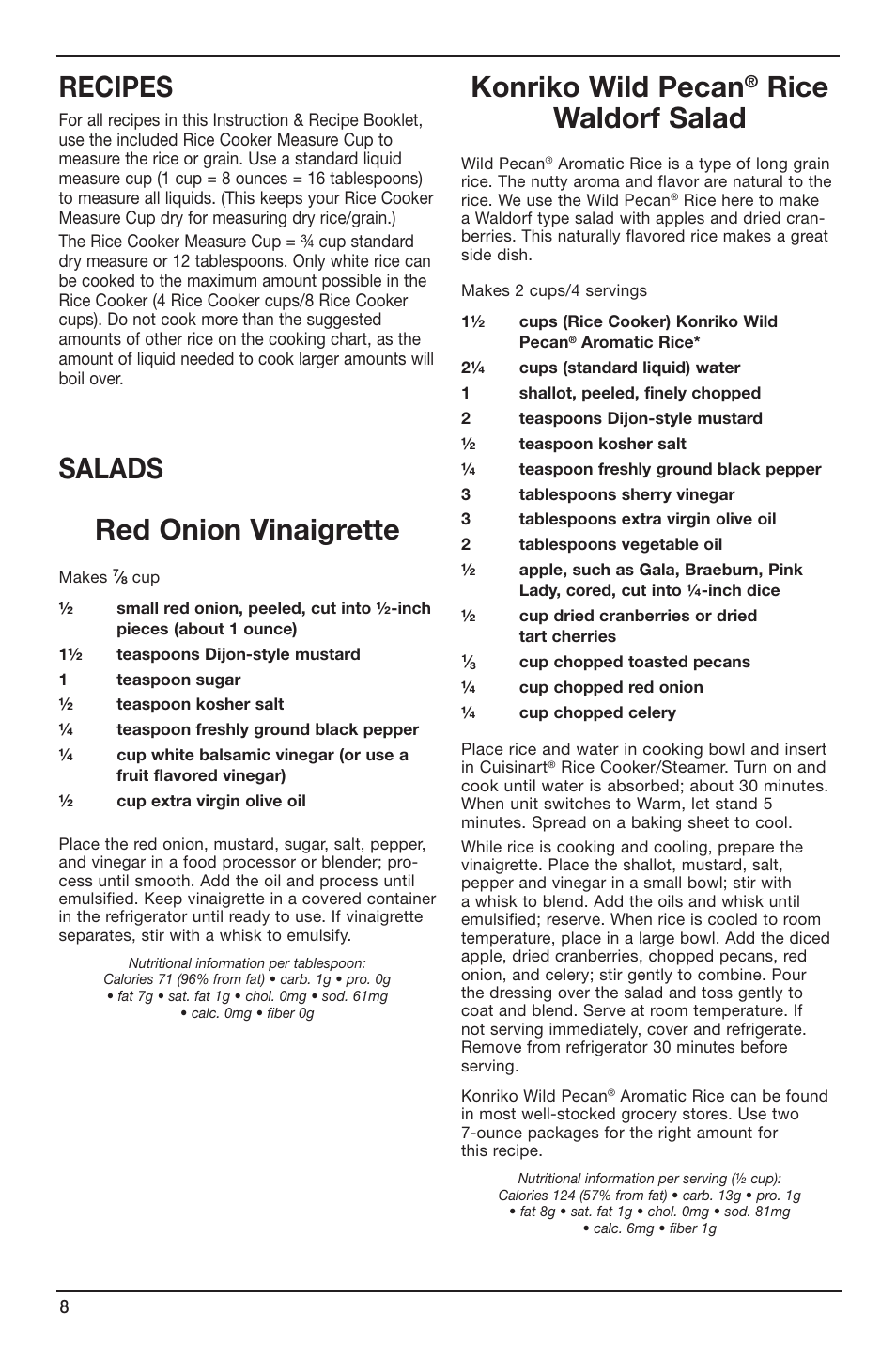 Recipes, Salads red onion vinaigrette, Konriko wild pecan | Rice waldorf salad | Cuisinart CRC-400 User Manual | Page 8 / 21