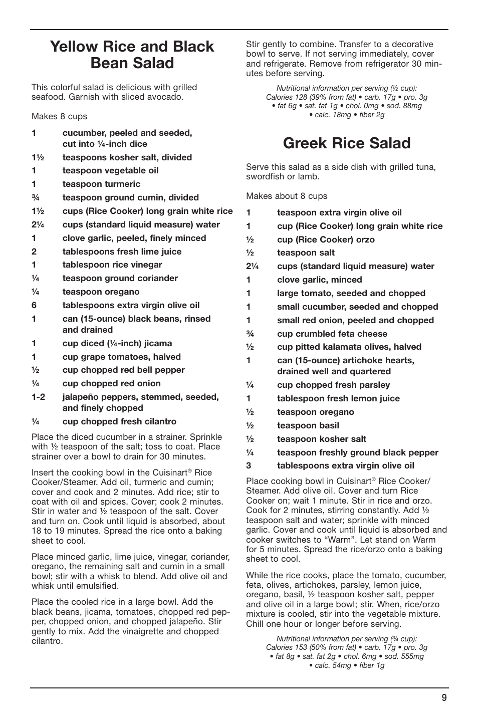 Yellow rice and black bean salad, Greek rice salad | Cuisinart CRC-400 User Manual | Page 9 / 21