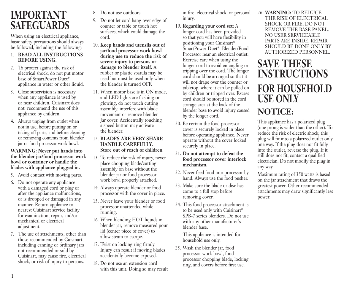 Important safeguards, Save these instructions for household use only, Notice | Cuisinart BFP-703C User Manual | Page 2 / 22