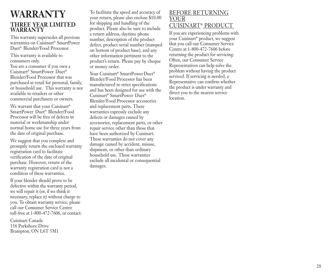 Warranty, Three year limited warranty, Before returning your cuisinart | Product | Cuisinart BFP-703C User Manual | Page 21 / 22