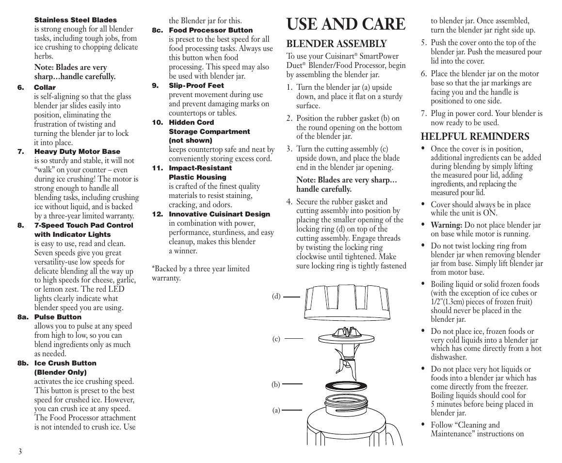 Use and care, Blender assembly, Helpful reminders | Cuisinart BFP-703C User Manual | Page 4 / 22