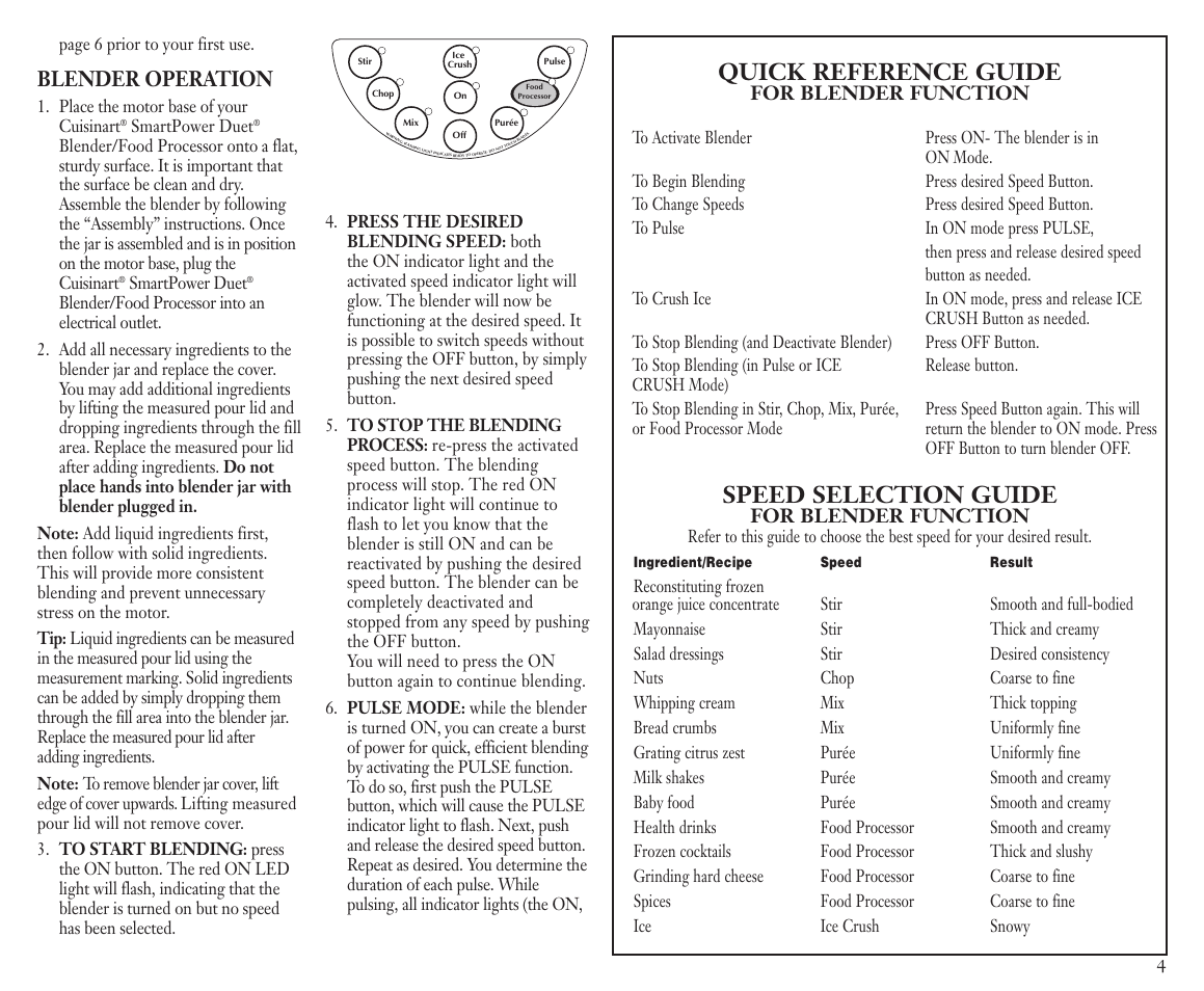 Quick reference guide, Speed selection guide, Blender operation | For blender function | Cuisinart BFP-703C User Manual | Page 5 / 22