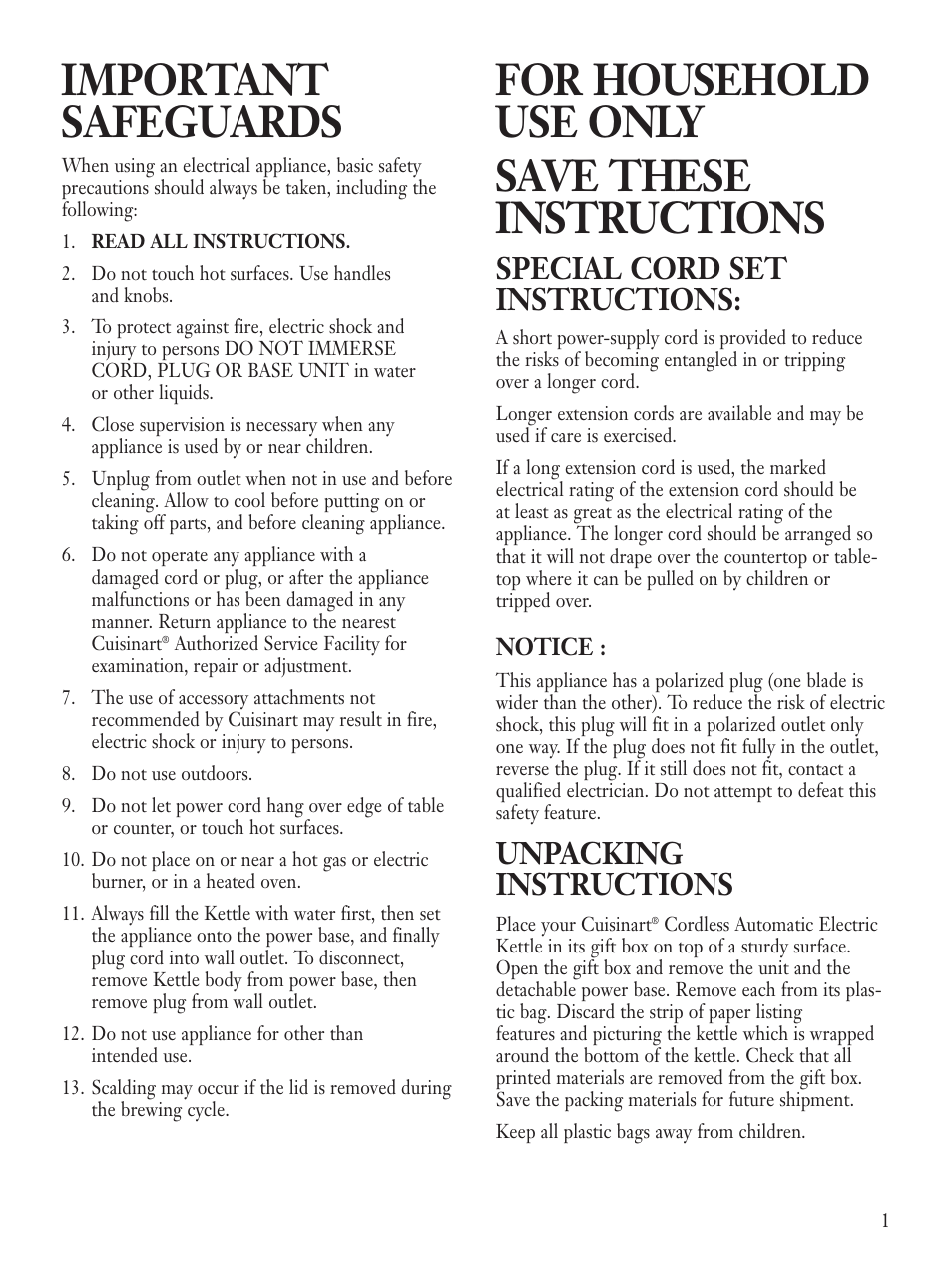 Important safeguards, For household use only save these instructions, Special cord set instructions | Unpacking instructions | Cuisinart KUA-17 User Manual | Page 3 / 9