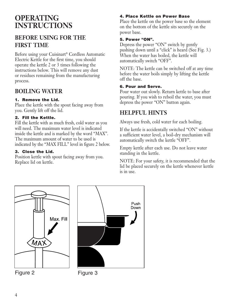 Operating instructions, Before using for the first time, Boiling water | Helpful hints | Cuisinart KUA-17 User Manual | Page 6 / 9