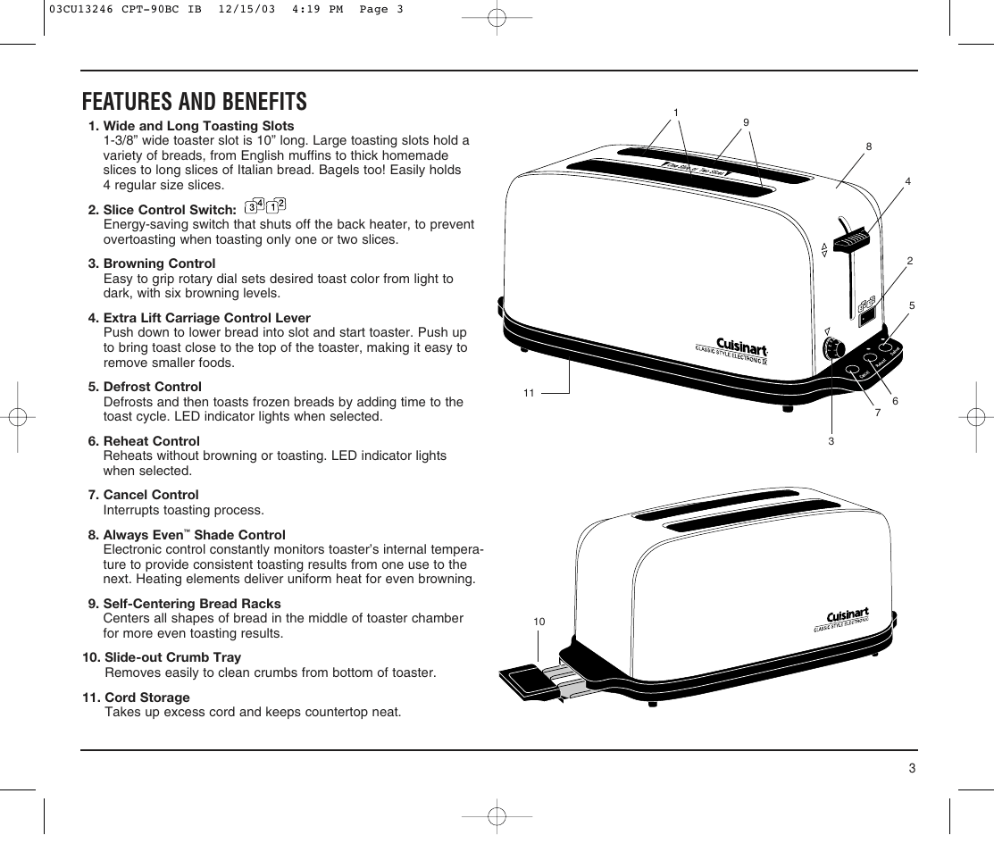 Features and benefits | Cuisinart CPT-90 SERIES User Manual | Page 3 / 8