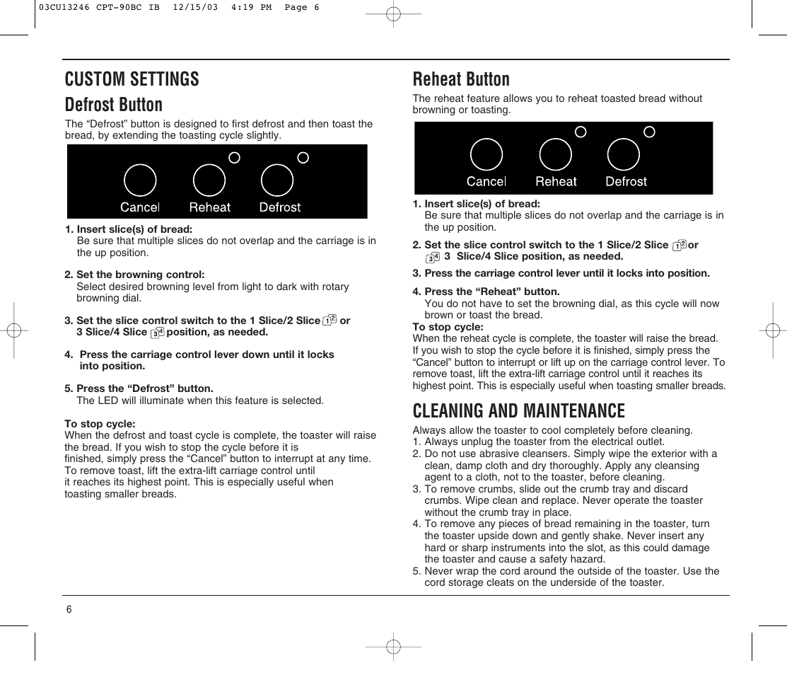 Custom settings defrost button, Reheat button, Cleaning and maintenance | Cuisinart CPT-90 SERIES User Manual | Page 6 / 8