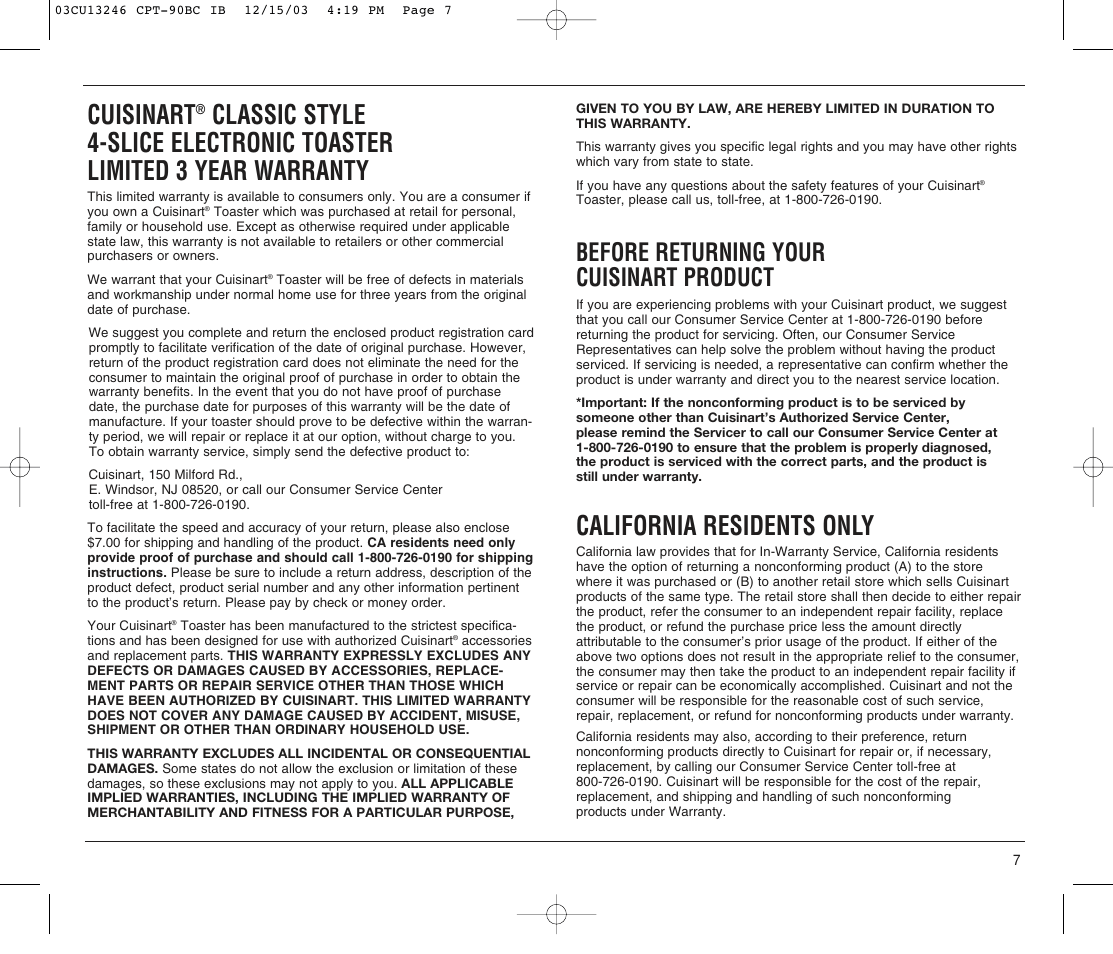 Cuisinart, California residents only, Before returning your cuisinart product | Cuisinart CPT-90 SERIES User Manual | Page 7 / 8