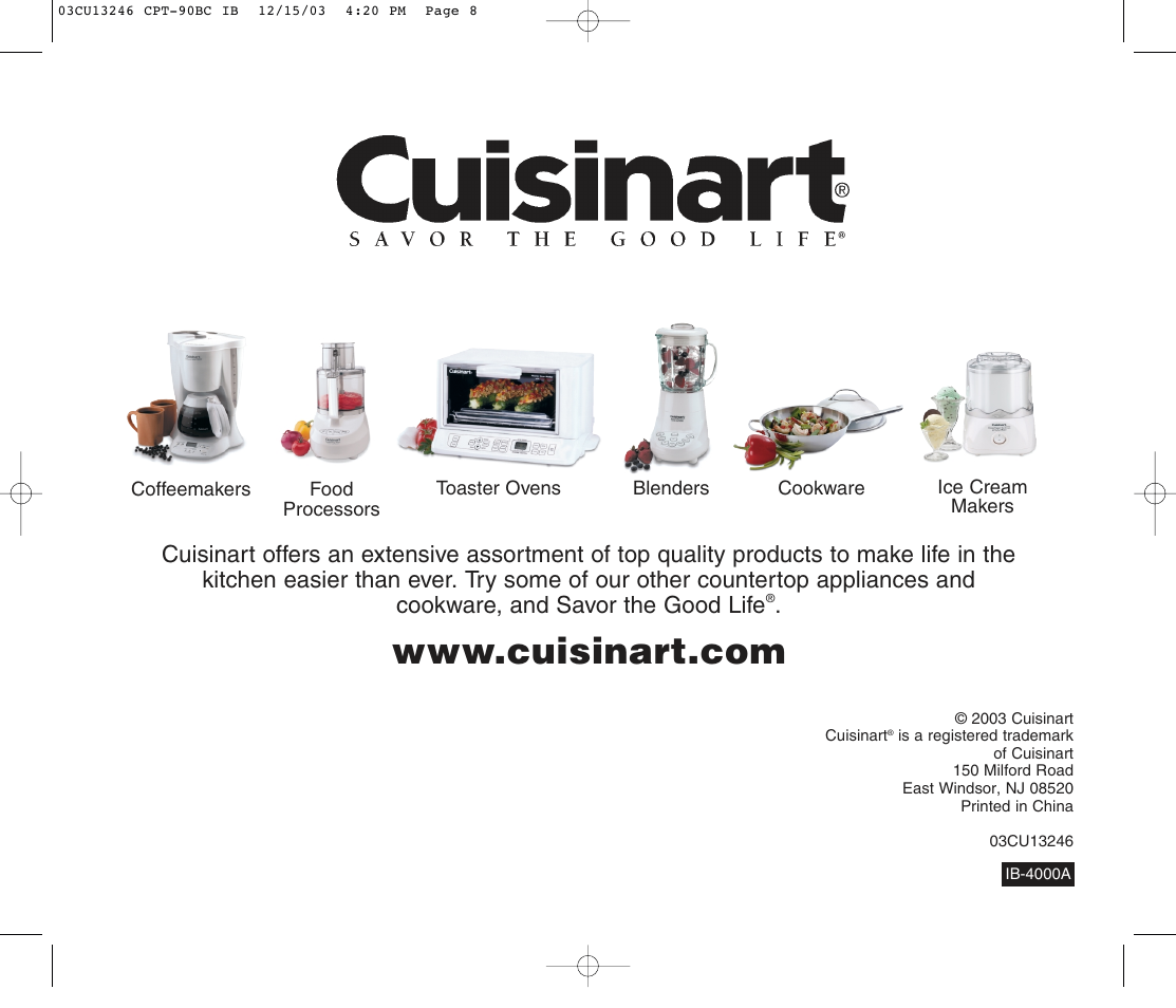 Cuisinart CPT-90 SERIES User Manual | Page 8 / 8