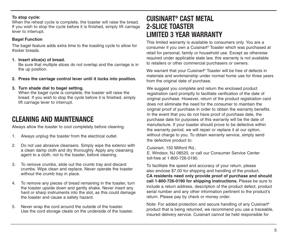 Cleaning and maintenance, Cuisinart, Cast metal 2-slice toaster limited 3 year warranty | Cuisinart CMT-200P User Manual | Page 5 / 9